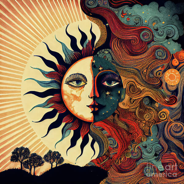 Moon Art Print featuring the painting The Moon Says to the Sun by Mindy Sommers