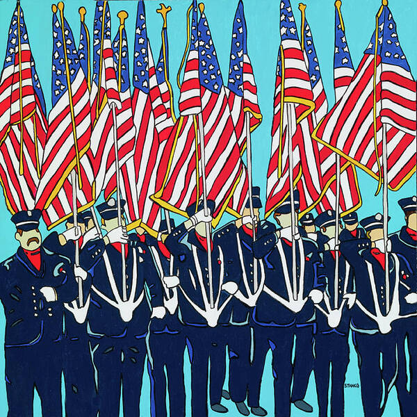 Usa Firemen Memorialday Flag America Americanflag Flags Parade Memorialdayparade Art Print featuring the painting The Parade by Mike Stanko