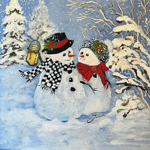 Snowman Art Print featuring the painting This is a Fine Snowmance by Juliette Becker