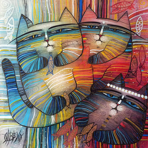 Albena Art Print featuring the painting Three Happy Cats by Albena Vatcheva