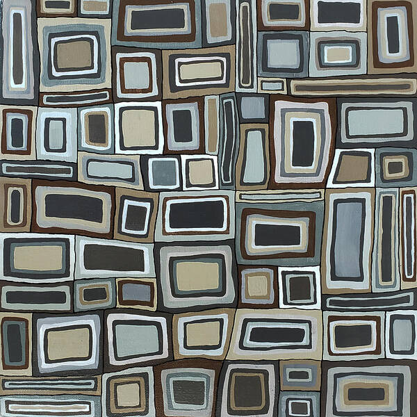 Retro Art Print featuring the painting TIMES SQUARED URBAN Abstract Squares Black Gray Brown Tan by Lynnie Lang