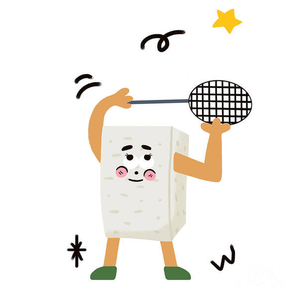 Tofu，bean Curd Art Print featuring the drawing Tofu loves playing badminton by Min Fen Zhu