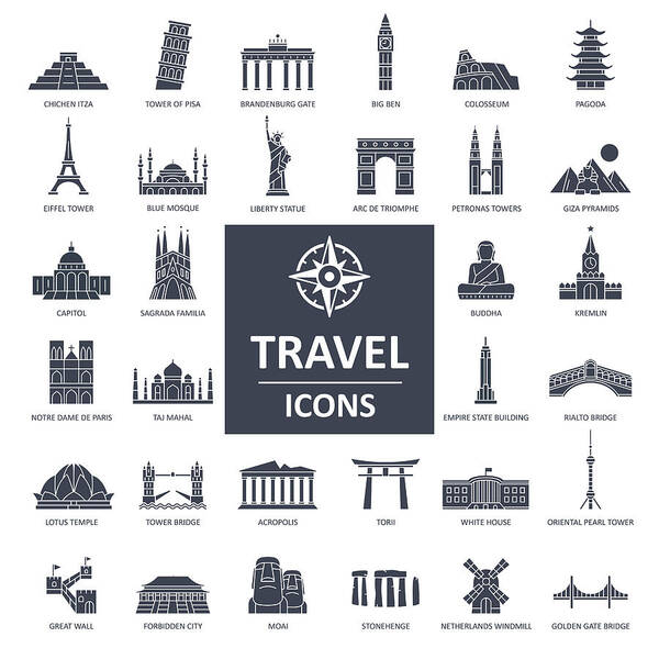 Chinese Culture Art Print featuring the drawing Travel Landmark Icons - Thin Line Vector by Pop_jop