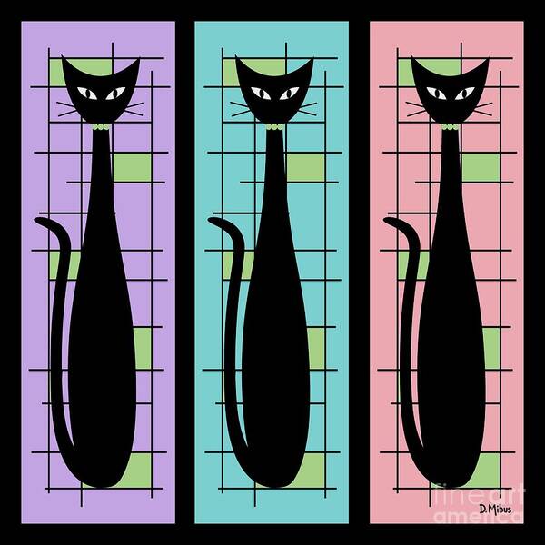 Mid Century Modern Art Print featuring the digital art Trio of Cats Purple, Blue and Pink on Black by Donna Mibus
