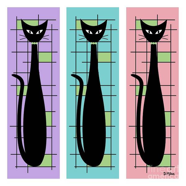 Mid Century Modern Art Print featuring the digital art Trio of Cats Purple, Blue and Pink on White by Donna Mibus