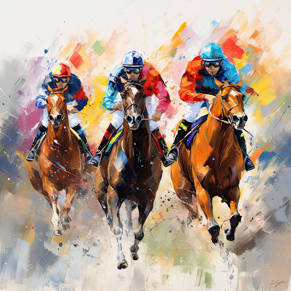 Horse Racing Art Print featuring the painting Triumph of Teamwork by Lourry Legarde