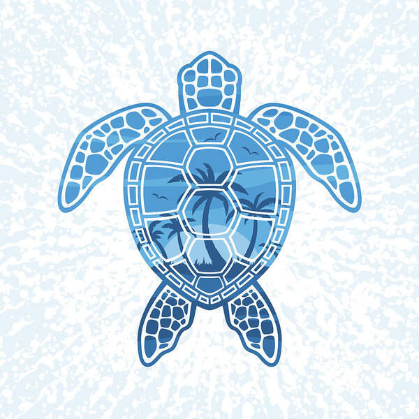 Blue Art Print featuring the digital art Tropical Island Sea Turtle Design in Blue by John Schwegel