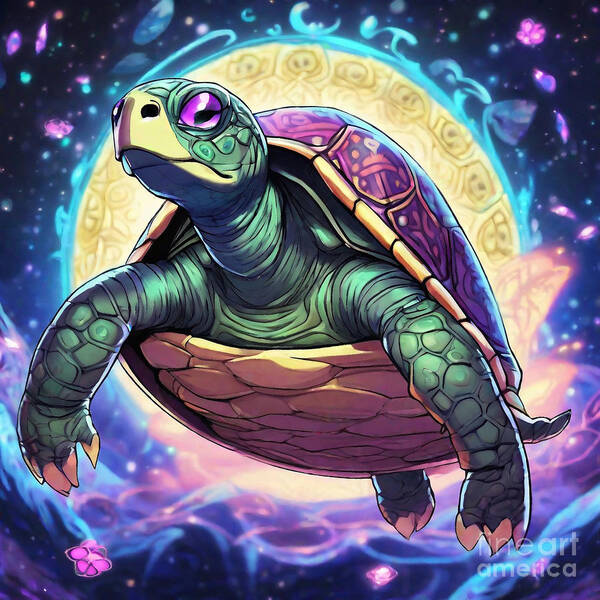 Turtle Art Print featuring the drawing Turtle as Jasmine's Magic Carpet Ride by Adrien Efren