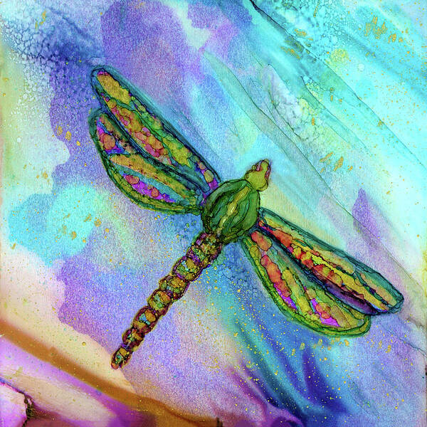 Dragonfly Art Print featuring the painting Twilight Flight Dragonfly Alcohol Ink by Deborah League