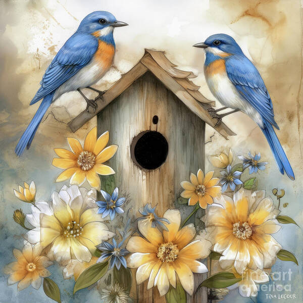 Bluebirds Art Print featuring the painting Two Lovely Bluebirds by Tina LeCour