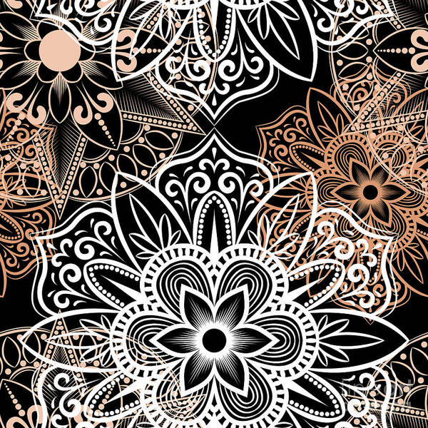 Colorful Art Print featuring the digital art Verona - Artistic White Cream Mandala Pattern in Black Background by Sambel Pedes