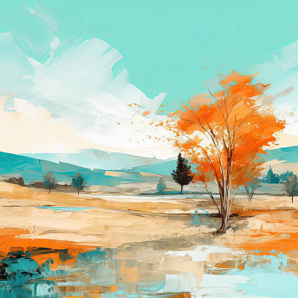 Turquoise And Orange Art Print featuring the painting Vibrant Orange and Turquoise Tree by Lourry Legarde