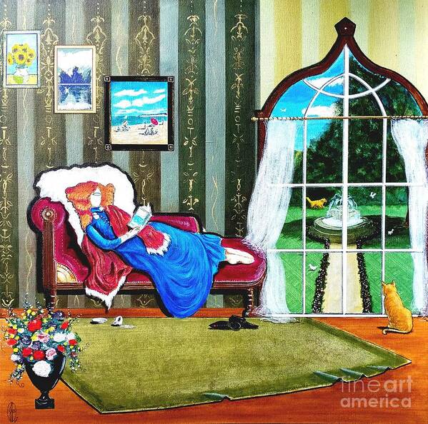 Art Art Print featuring the painting Victorian Woman Laying on Fainting Couch Reading a Book by John Lyes