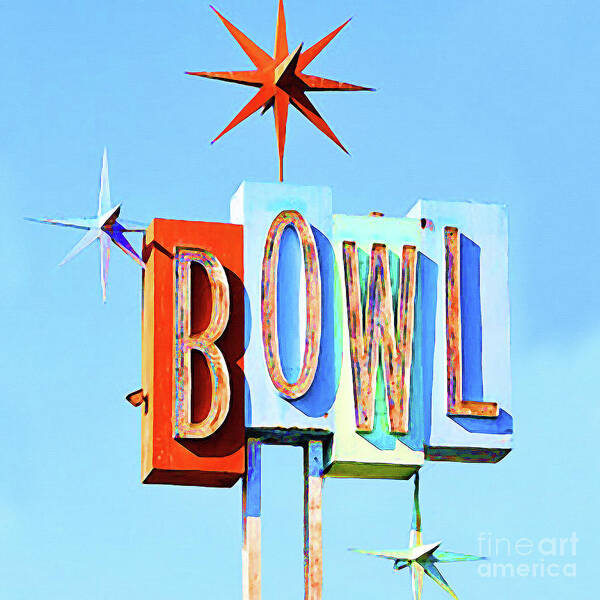 Wingsdomain Art Print featuring the photograph Vintage Retro Mid Century Modern MCM Bowling Alley Sign 20200205 square by Wingsdomain Art and Photography