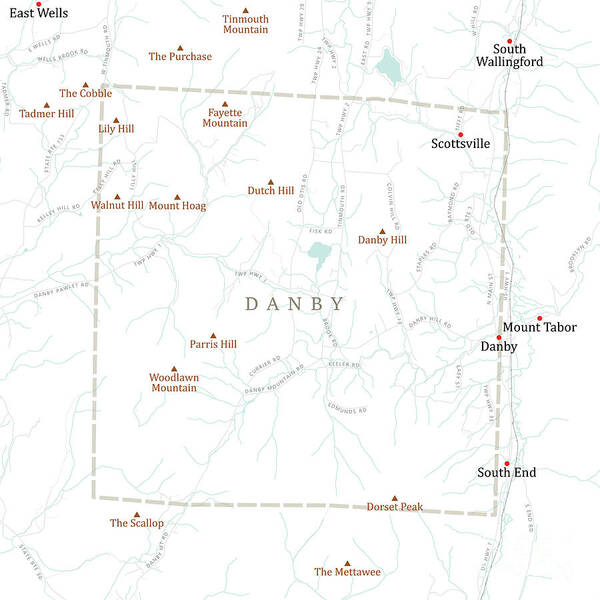 Vermont Art Print featuring the digital art VT Rutland Danby Vector Road Map by Frank Ramspott