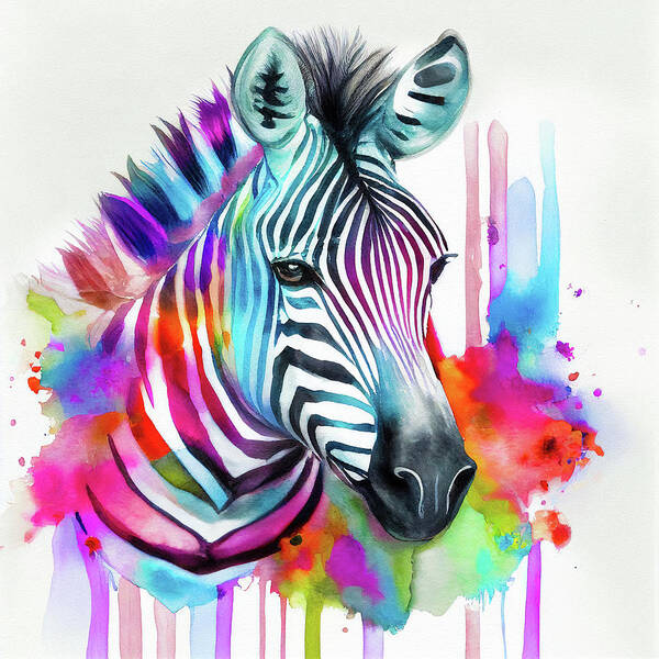 Zebra Art Print featuring the digital art Watercolor Animal 10 Zebra Portrait by Matthias Hauser