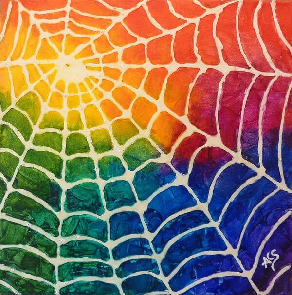 Weaving A Web Of Color Art Print featuring the painting Weaving a World Web of Color by Amelie Simmons