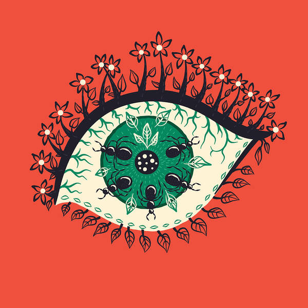 Weird Eye Art Print featuring the digital art Weird Eye With Leaves And Bugs by Boriana Giormova