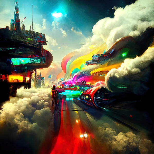Cyberpunk Art Print featuring the painting Welcome to Cloud City, 04 by AM FineArtPrints