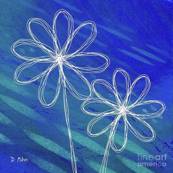 Retro Flowers Art Print featuring the mixed media White Abstract Flowers on Blue and Green by Donna Mibus