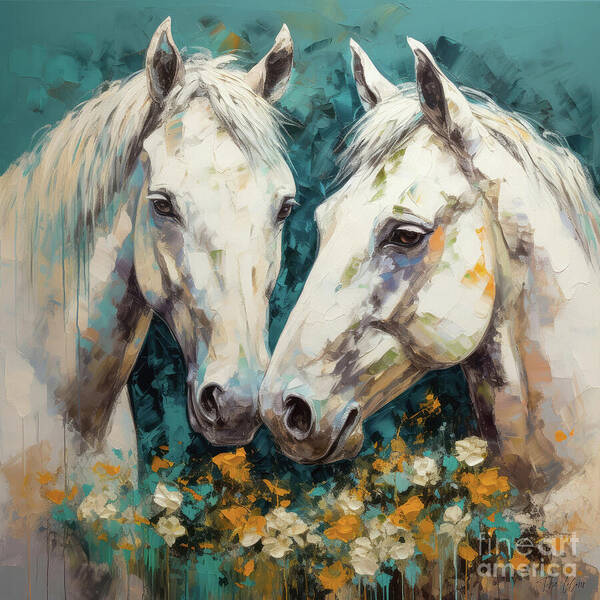 White Stallions Art Print featuring the painting White Stallions Nuzzling by Tina LeCour