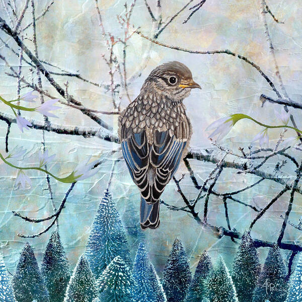 Bluebird Art Print featuring the painting Winter Glow by Angeles M Pomata