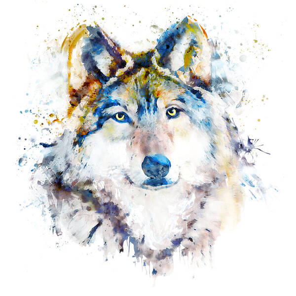 Marian Voicu Art Print featuring the painting Wolf Face Watercolor Portrait by Marian Voicu