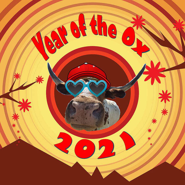 Ox Art Print featuring the digital art Year of the Ox with Red Hat and Heart Shaped Sunglasses by Ali Baucom