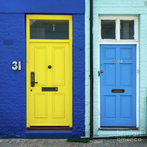London Art Print featuring the photograph Yellow and blue doors in London by Delphimages London Photography