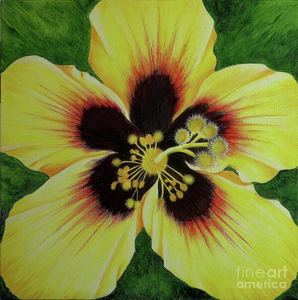 Yellow Flowers Art Print featuring the painting Yellow Hibiscus Macro by Mary Deal