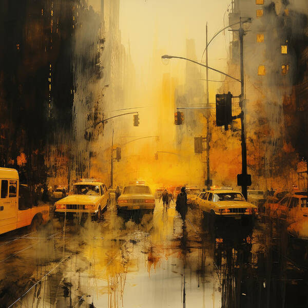 Yellow Art Print featuring the painting Yellow Rain in New York City by My Head Cinema
