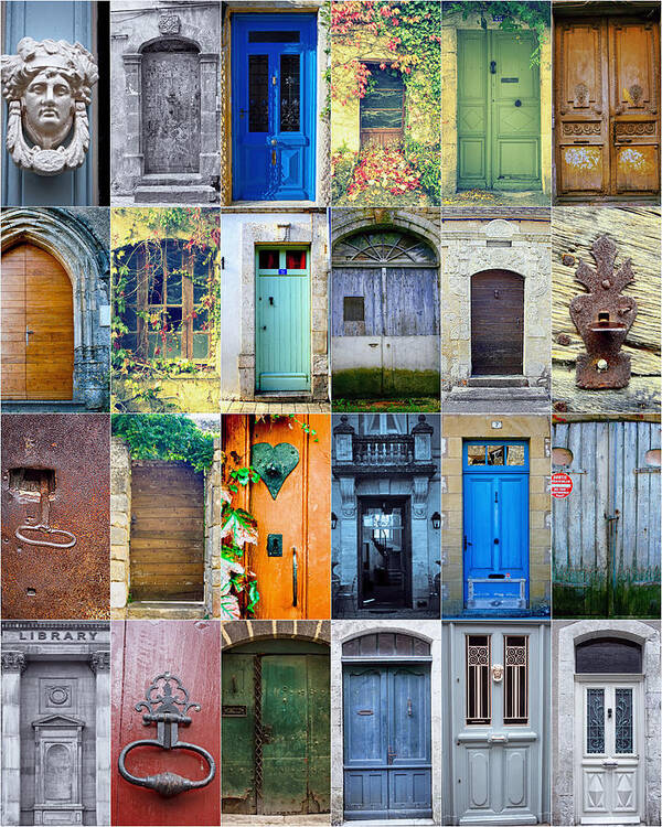 Door Art Print featuring the photograph Twenty Four French Doors Collage by Georgia Clare