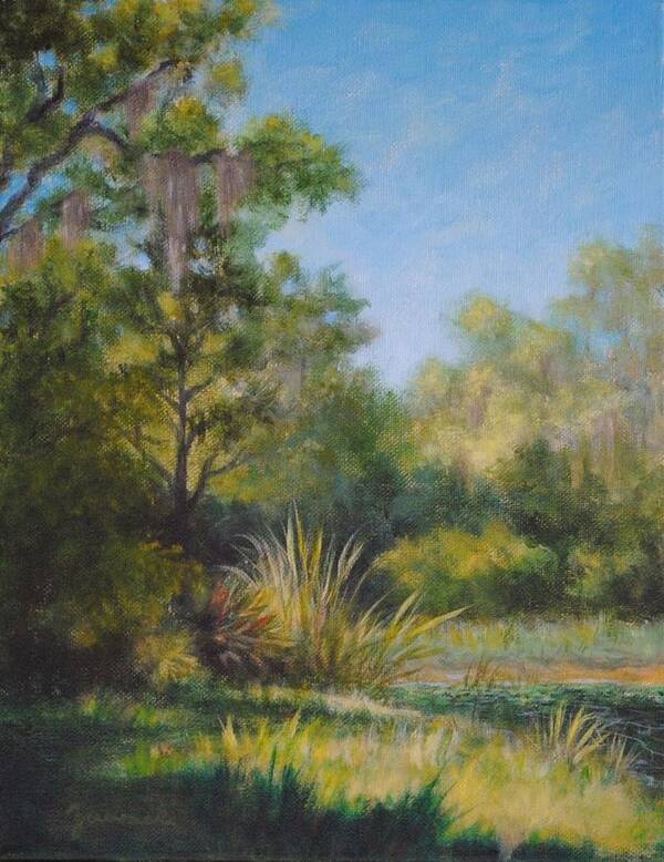 Tropical Landscape Art Print featuring the painting Along the Pond's Edge by Alan Zawacki