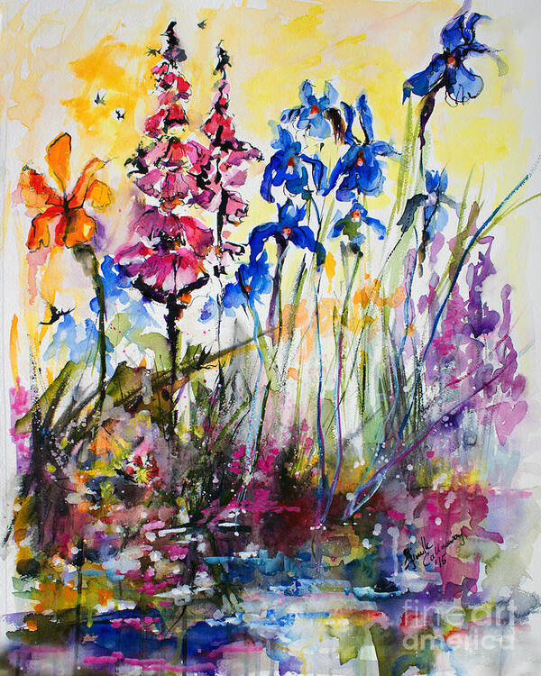 Flowers Art Print featuring the painting Flowers by the Pond Blue Irises Foxglove by Ginette Callaway