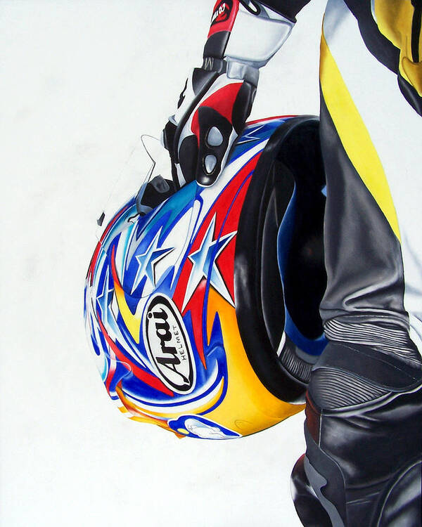 Motorcycle Rider Motosport Arai Helmet Leather Suit Self Portrait Figurative Realism Art Print featuring the painting Lifeline by Ian Hemingway