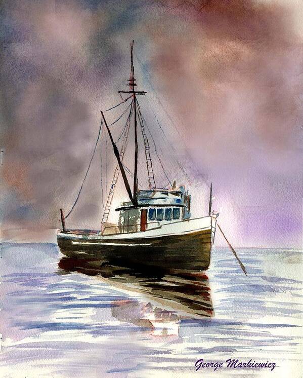 Ocean Boat Art Print featuring the print Ship stormy weather by George Markiewicz