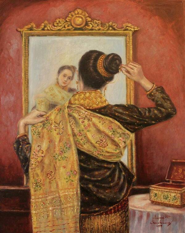 Lao Lady Art Print featuring the painting Elegance and Grace by Sompaseuth Chounlamany
