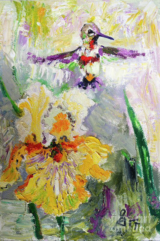 Birds Art Print featuring the painting Hummingbird and Yellow Bearded Iris Summer Splendor by Ginette Callaway