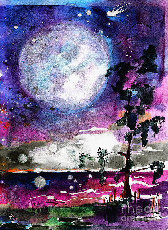 Moon Art Print featuring the painting Magical Swamp Lights Big Moon by Ginette Callaway