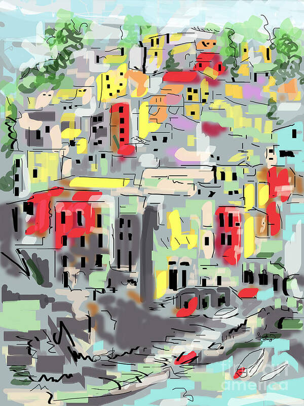 Riomaggiore Art Print featuring the digital art Riomaggiore Italy Moucasso Painting by Ginette Callaway