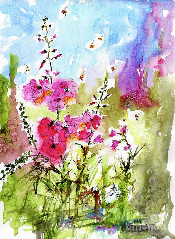 Flowers Art Print featuring the painting Pink Lavatera Watercolor Painting by Ginette by Ginette Callaway