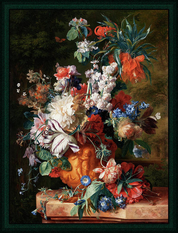 Bouquet Of Flowers In An Urn Art Print featuring the painting Bouquet Of Flowers In An Urn by Jan van Huysum by Rolando Burbon