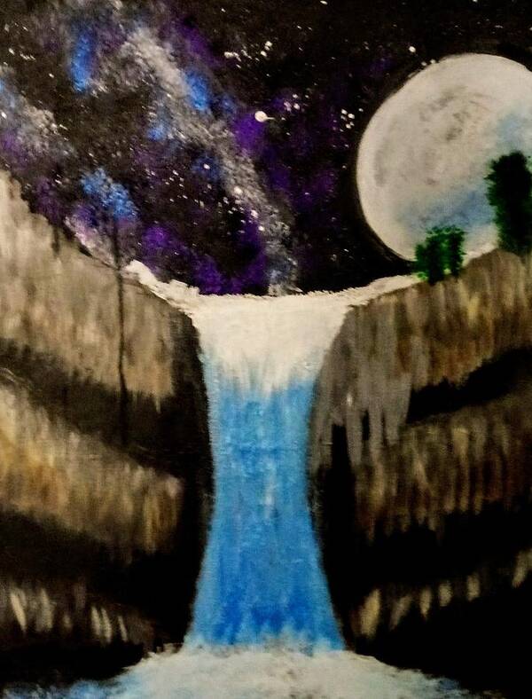 Moon Art Print featuring the painting Moonlite Waterfall by Anna Adams