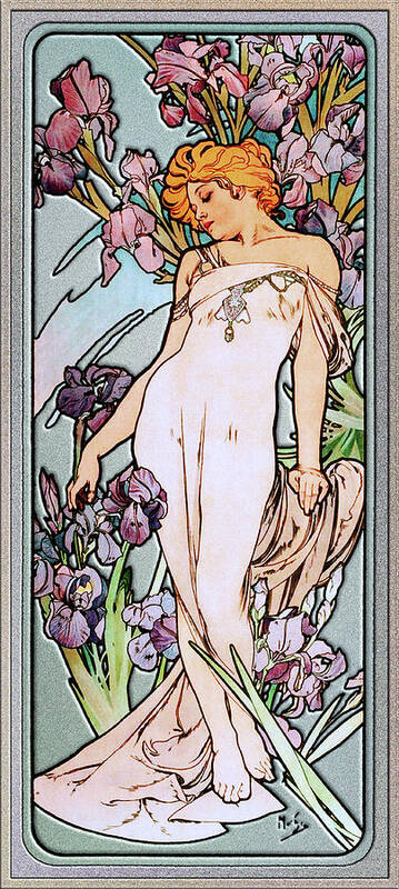 The Iris Art Print featuring the painting The Iris by Alphonse Mucha Art Nouveau Artwork by Rolando Burbon