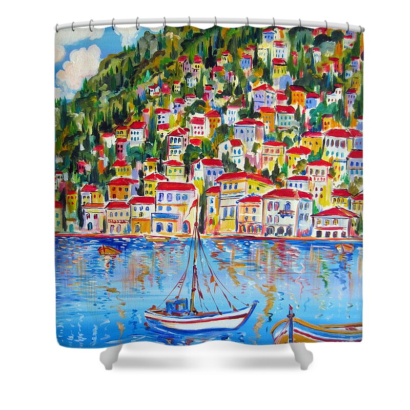 Italy Shower Curtain featuring the painting Boats Down South Italy Coast by Roberto Gagliardi