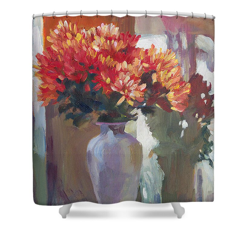 Still Life Shower Curtain featuring the painting Chrysanthemums In Vase by David Lloyd Glover