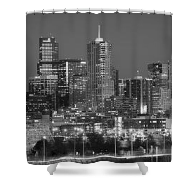 Denver Skyline Shower Curtain featuring the photograph Denver Skyline at Dusk Black and White BW Evening Extra Wide Panorama Broncos by Jon Holiday