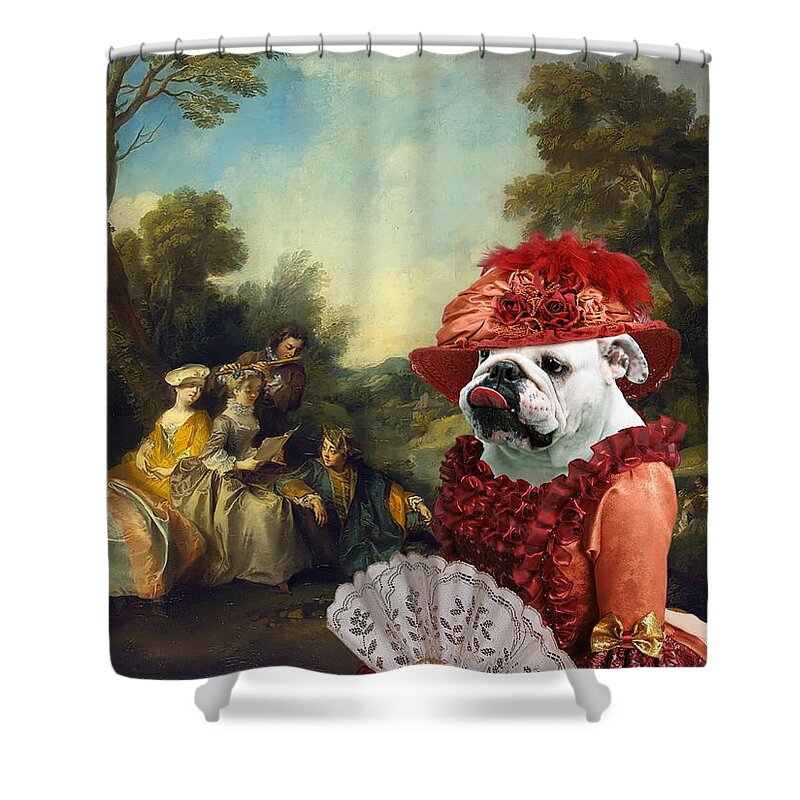 English Bulldog Shower Curtain featuring the painting English Bulldog Art Canvas Print - Concert in the Park by Sandra Sij