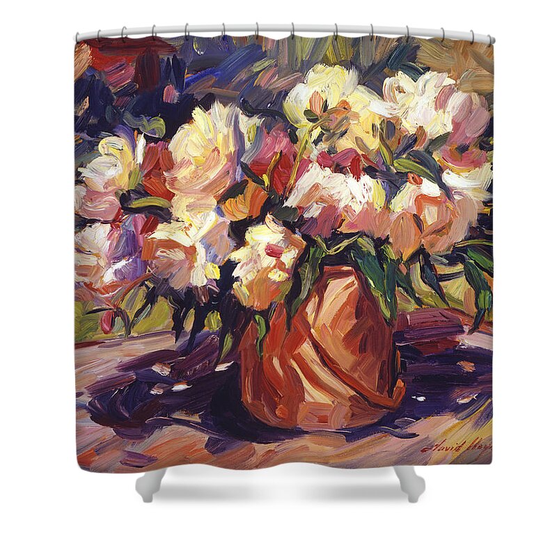 Still Life Shower Curtain featuring the painting Flower Bucket by David Lloyd Glover