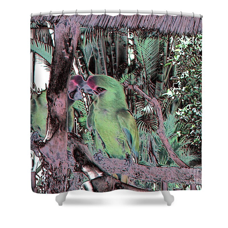 Nature Shower Curtain featuring the photograph Green Parrots. Art design by Oksana Semenchenko
